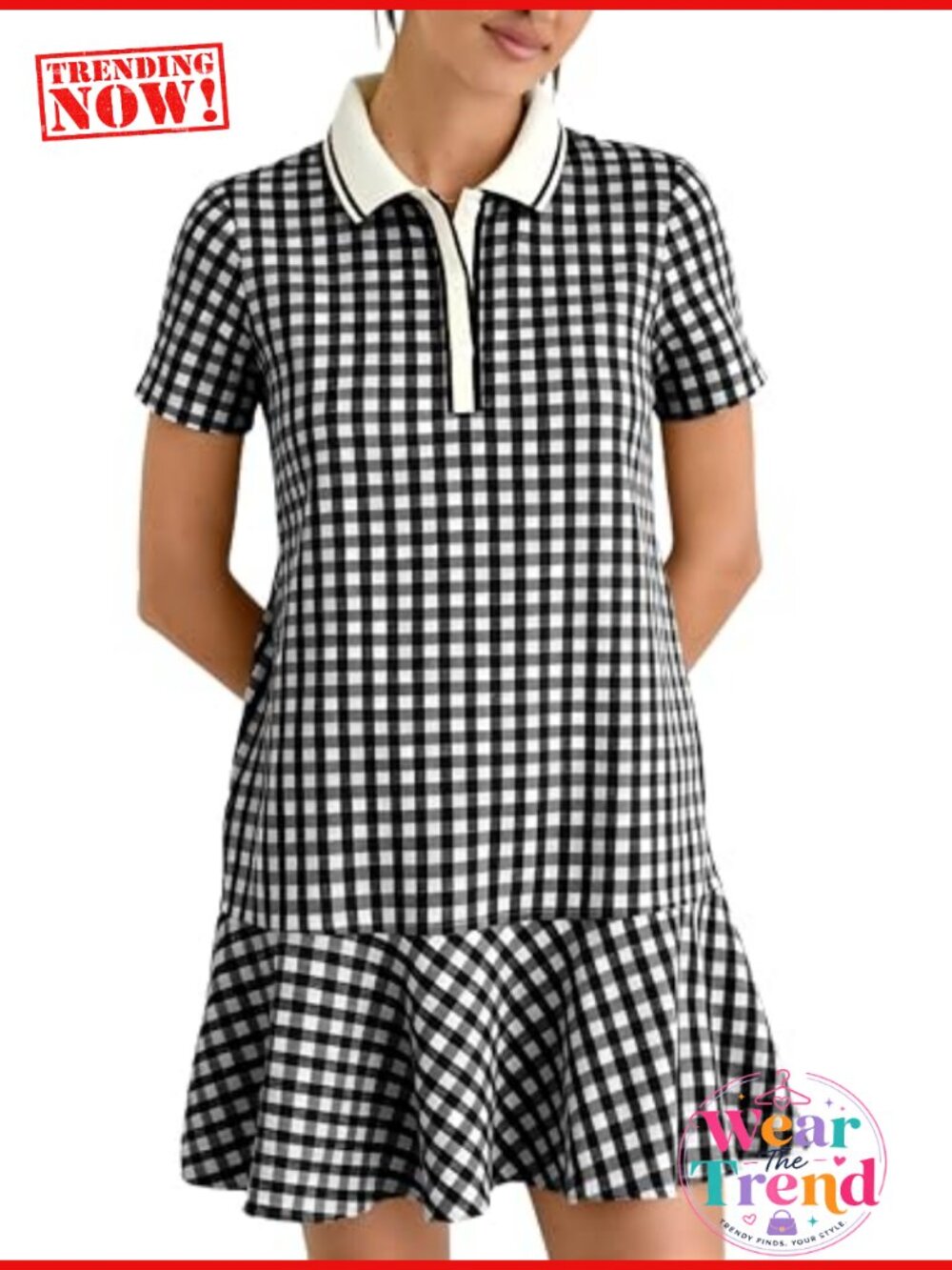 Gingham Polo Dress Short Sleeve V Neck Ruffle Hem Mini Cotton